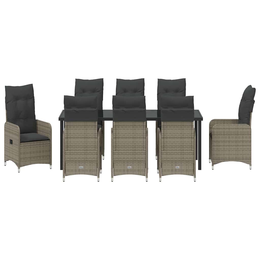 Tuin Eetset Met Kussen 9 Pcs Poly Riet Grijs 8x stoelen zonder voetsteun + tafel 200 cm