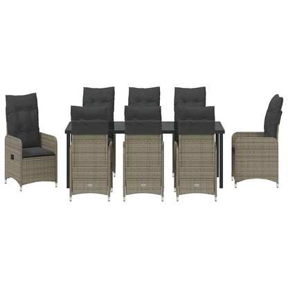 Tuin Eetset Met Kussen 9 Pcs Poly Riet Grijs 8x stoelen zonder voetsteun + tafel 200 cm