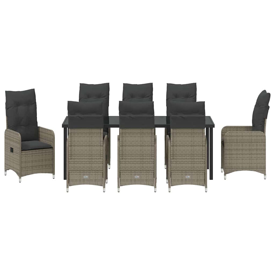 Tuin Eetset Met Kussen 9 Pcs Poly Riet Grijs 8x stoelen zonder voetsteun + tafel 200 cm