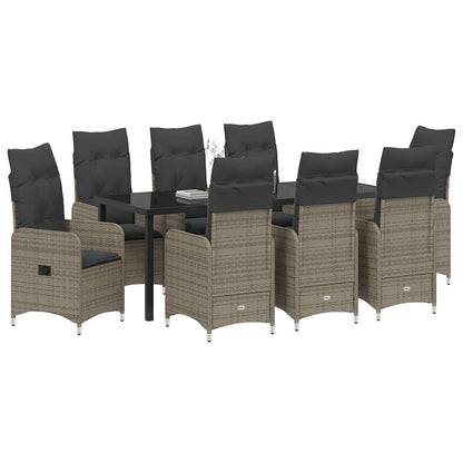 Tuin Eetset Met Kussen 9 Pcs Poly Riet Grijs 8x stoelen zonder voetsteun + tafel 200 cm