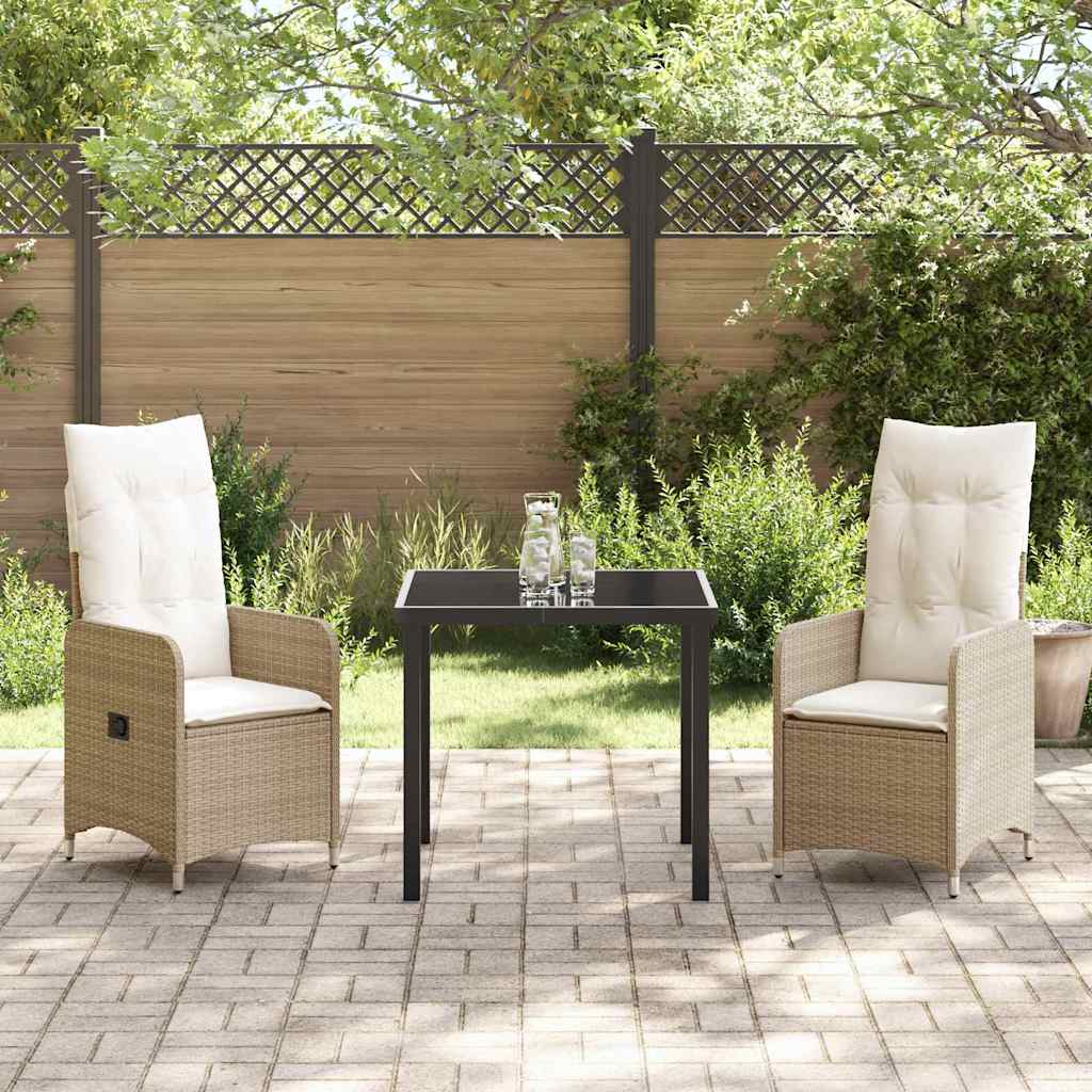 Tuin eettafelset met kussen 3 pcs Beige poly rattan