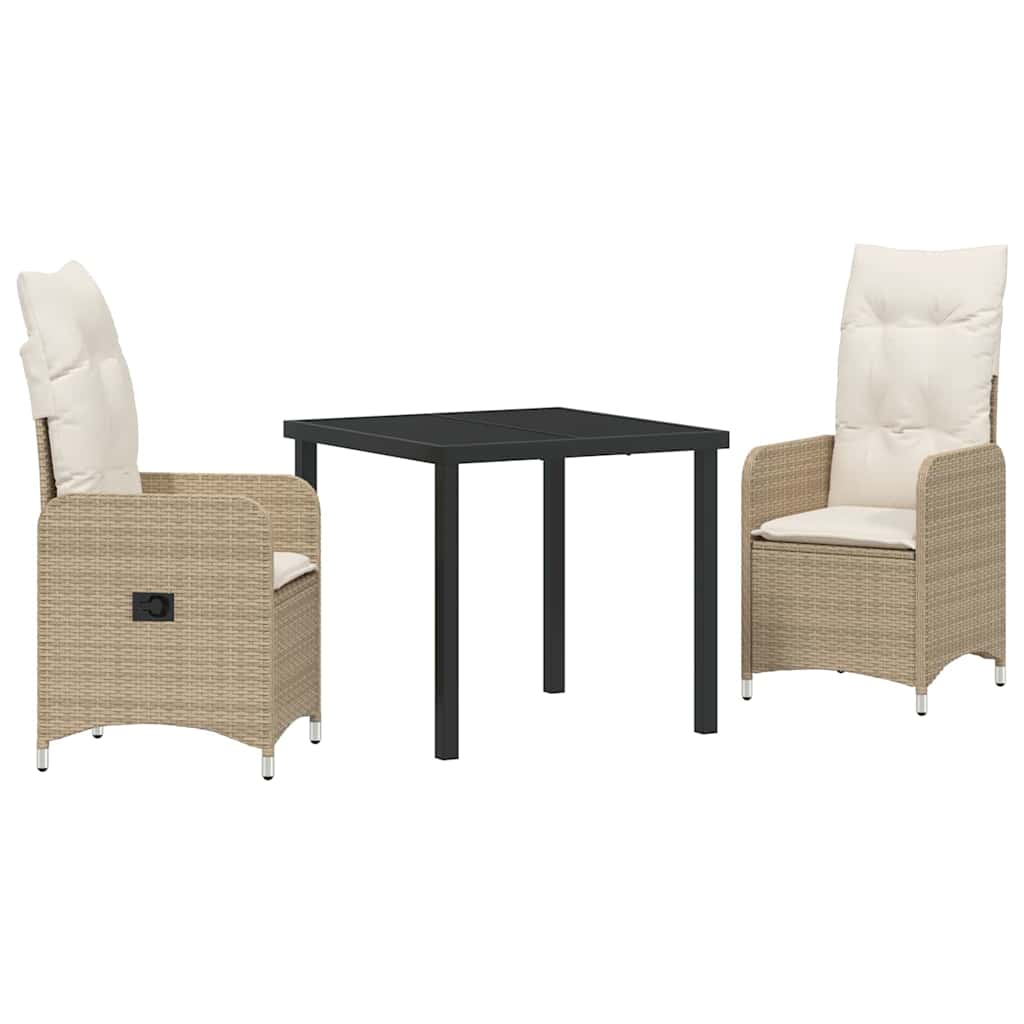 Tuin eettafelset met kussen 3 pcs Beige poly rattan