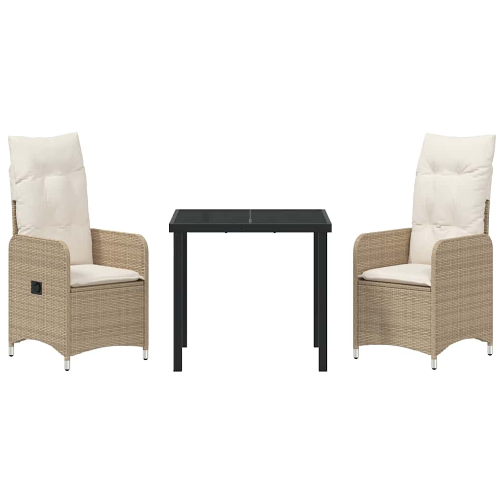 Tuin eettafelset met kussen 3 pcs Beige poly rattan