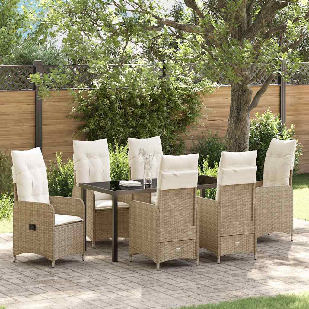 Tuin eettafelset met kussen 7 pcs Beige poly rattan