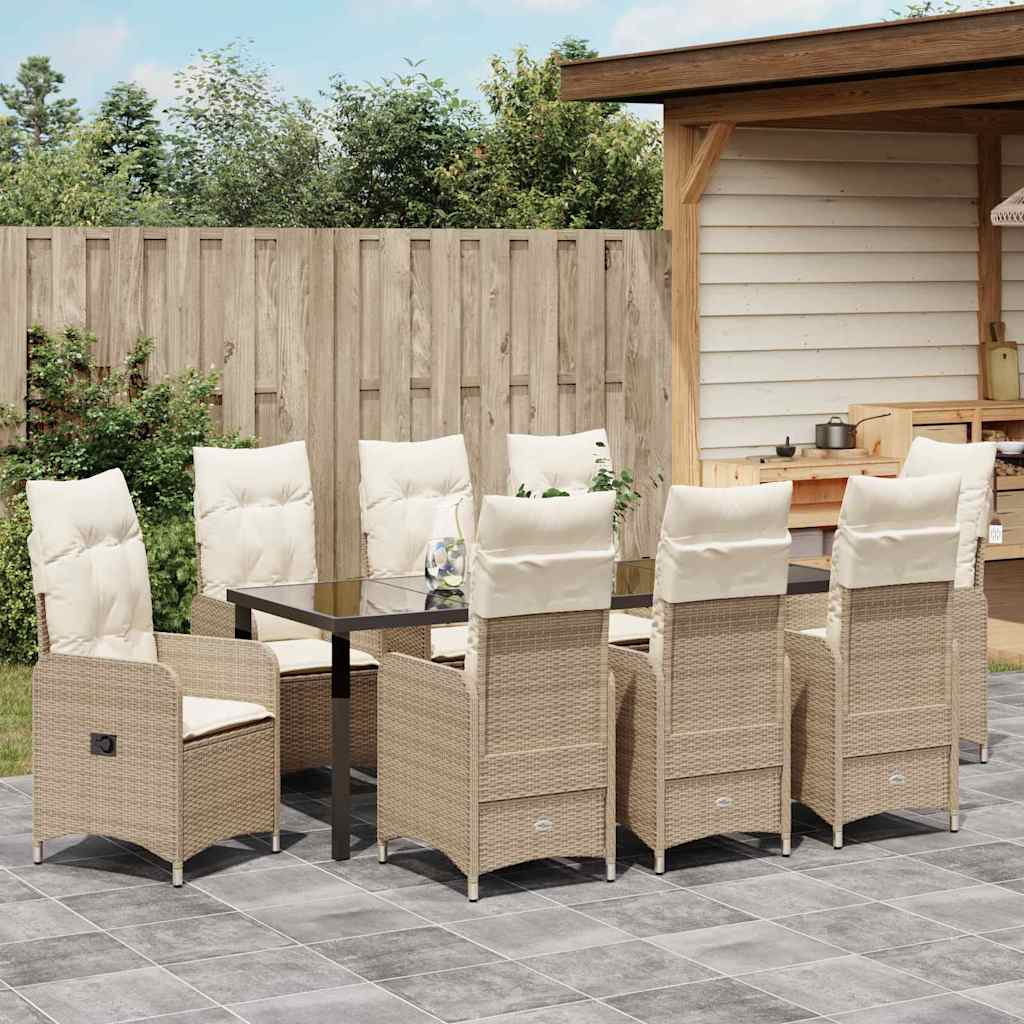 Tuin Eetset met kussen 9 pcs Beige Poly riet