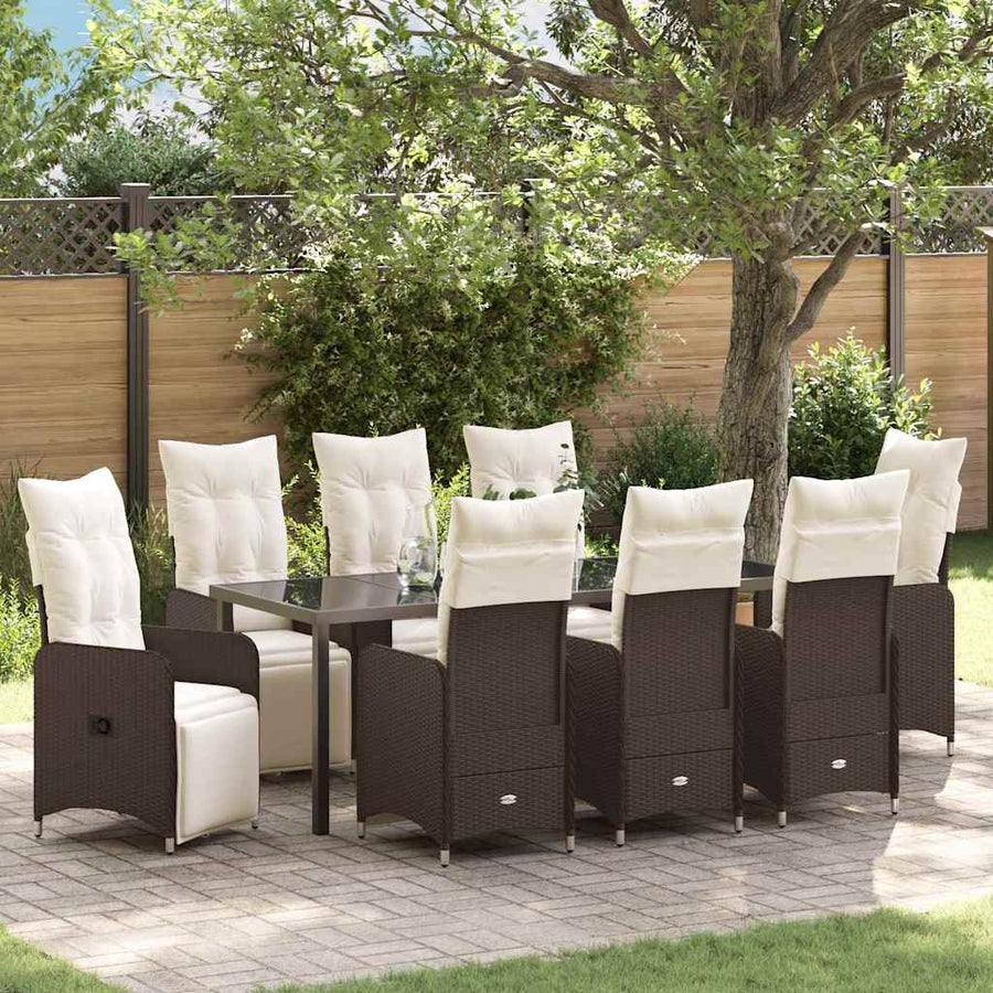 Tuin Eetset met kussen 9 pcs Bruin Poly riet