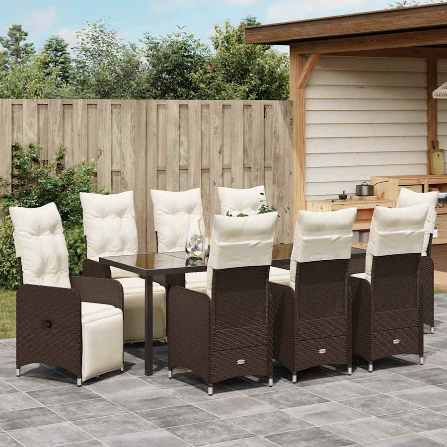 Tuin Eetset met kussen 9 pcs Bruin Poly riet