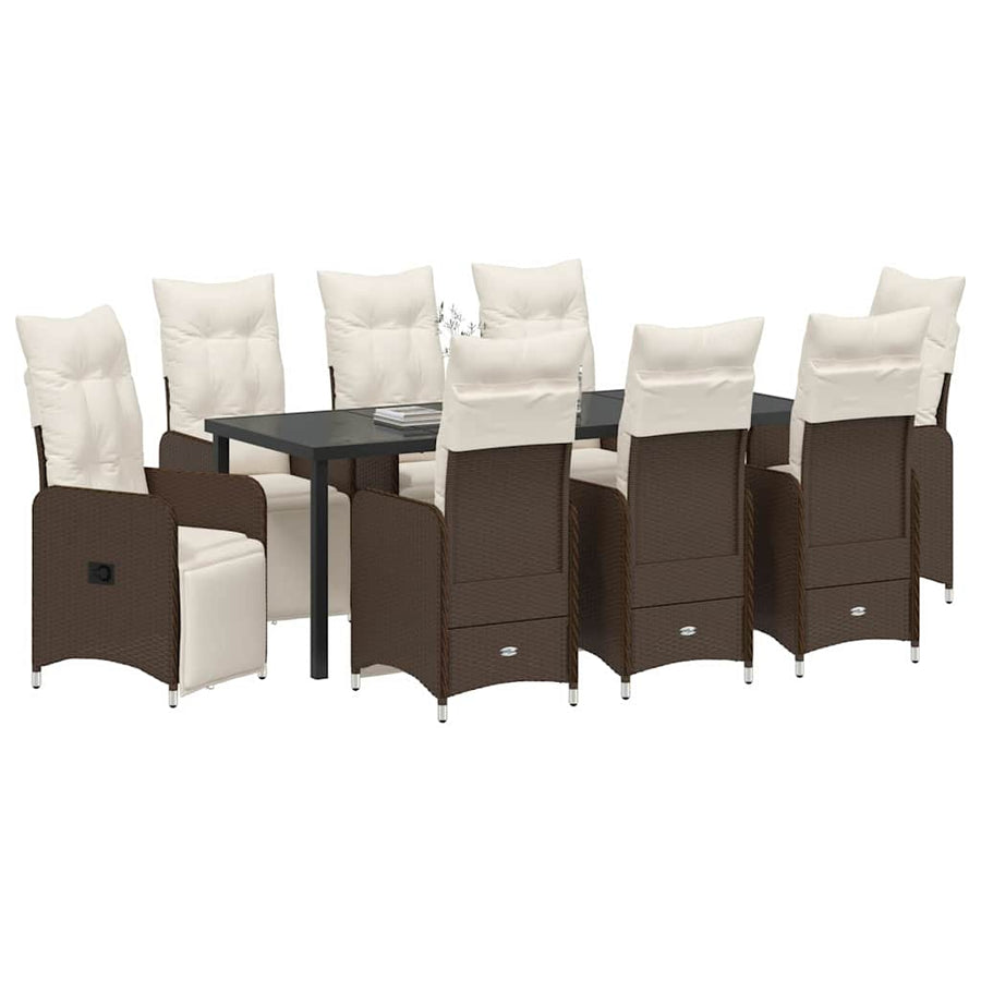 Tuin Eetset met kussen 9 pcs Bruin Poly riet