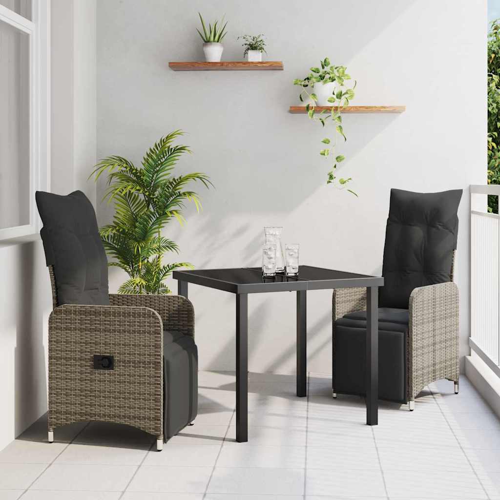 Tuin eettafelset met kussen 3 pcs Grijs poly rattan