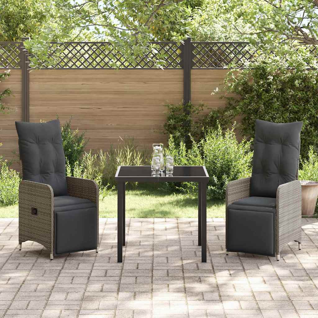 Tuin eettafelset met kussen 3 pcs Grijs poly rattan