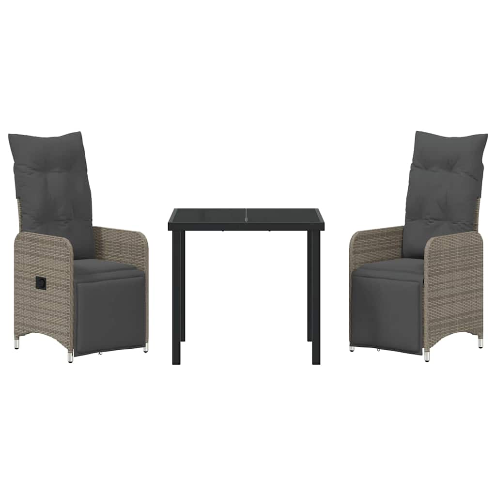 Tuin eettafelset met kussen 3 pcs Grijs poly rattan