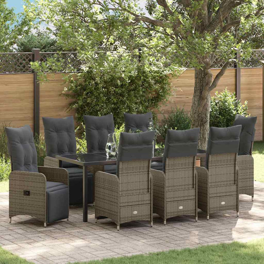 Tuin Eetset met kussen 9 pcs Grijs Poly riet