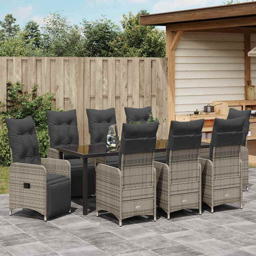Tuin Eetset met kussen 9 pcs Grijs Poly riet