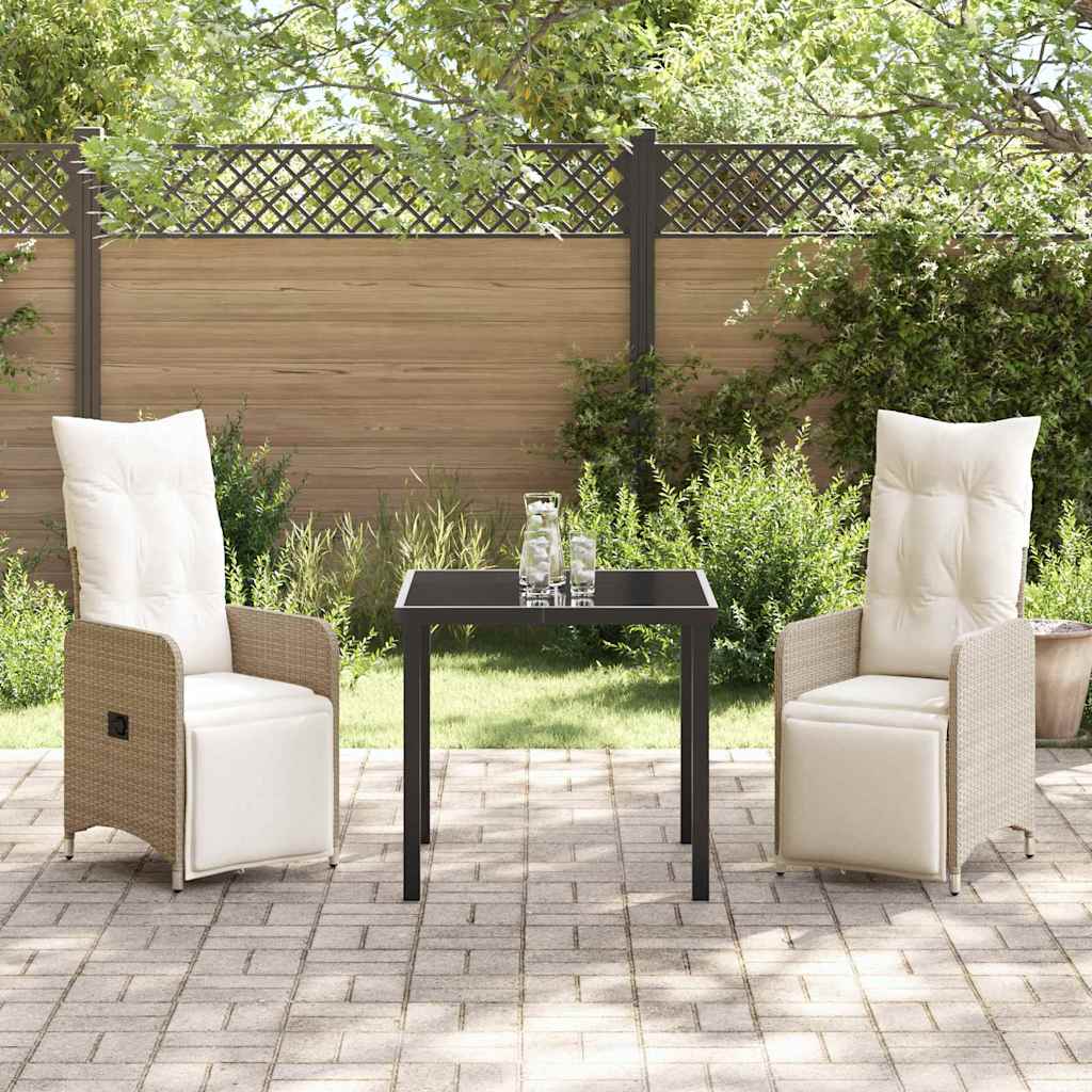 Tuin eettafelset met kussen 3 pcs Beige poly rattan