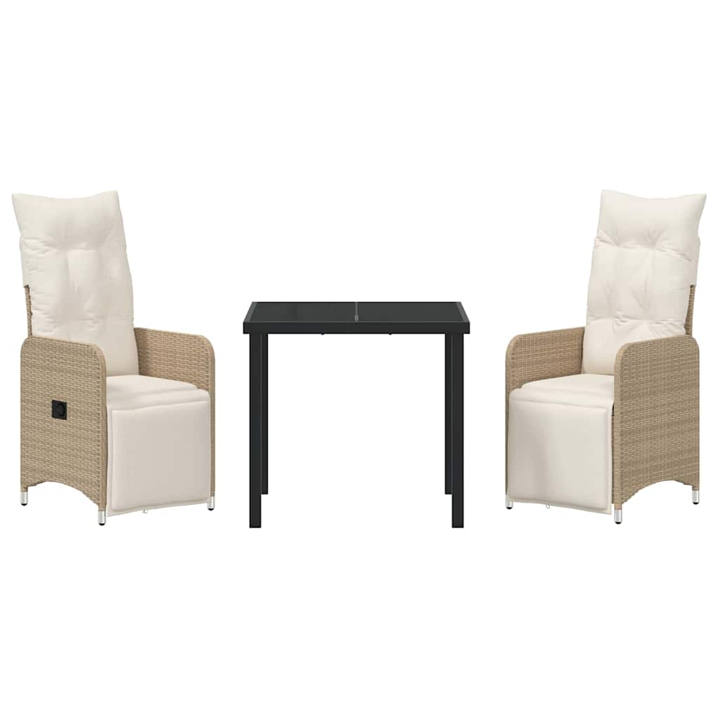 Tuin eettafelset met kussen 3 pcs Beige poly rattan