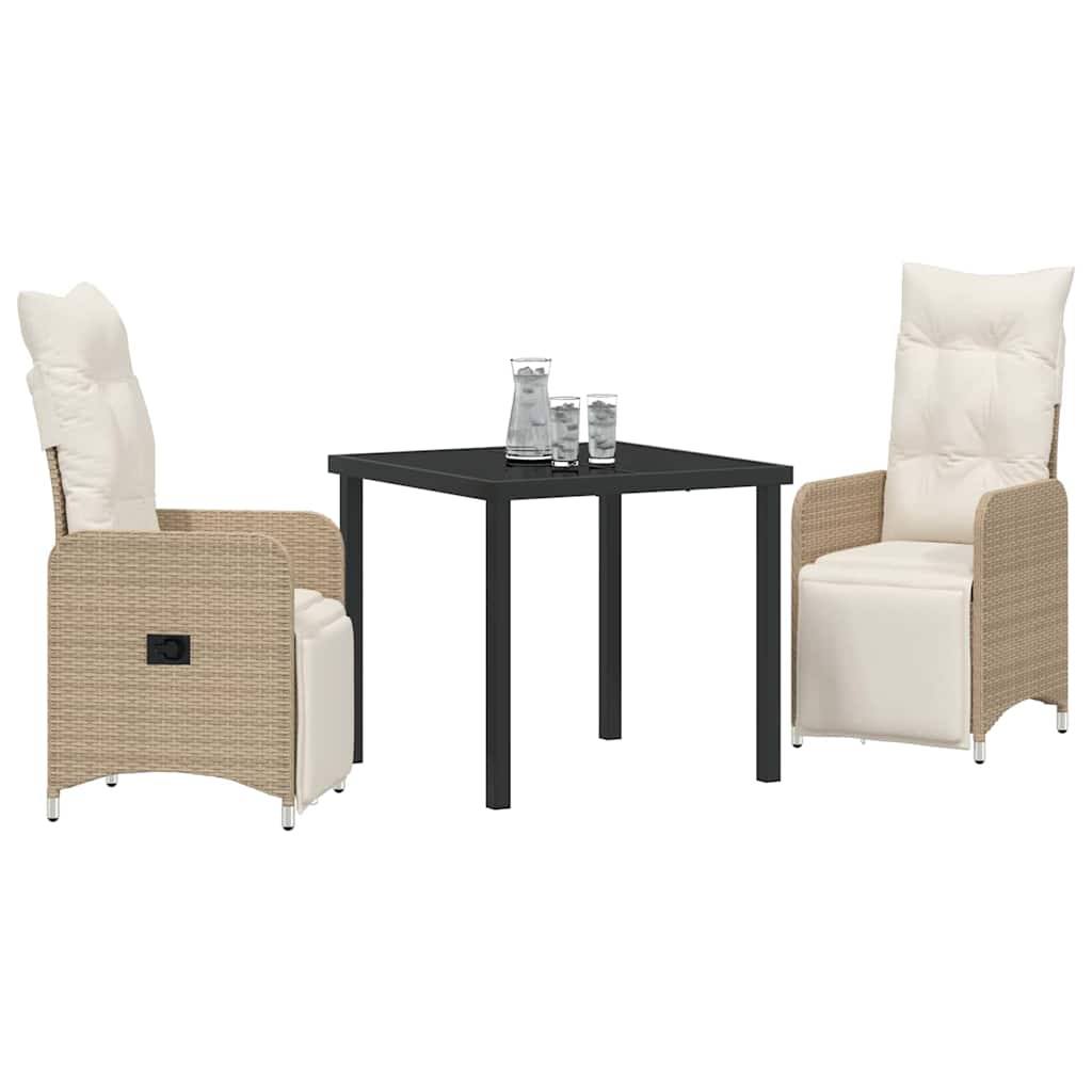 Tuin eettafelset met kussen 3 pcs Beige poly rattan