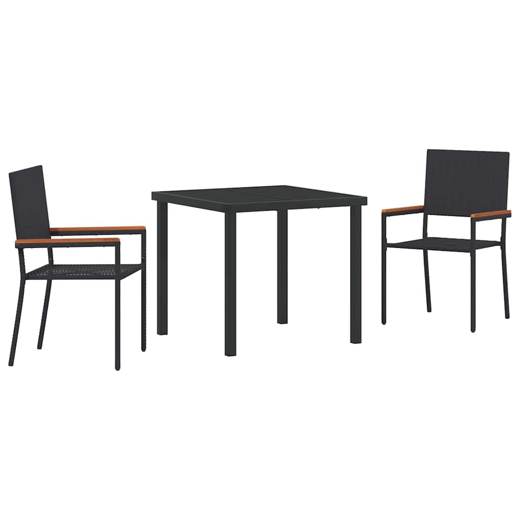 Tuin eettafelset met kussen 3 pcs Zwart poly rattan