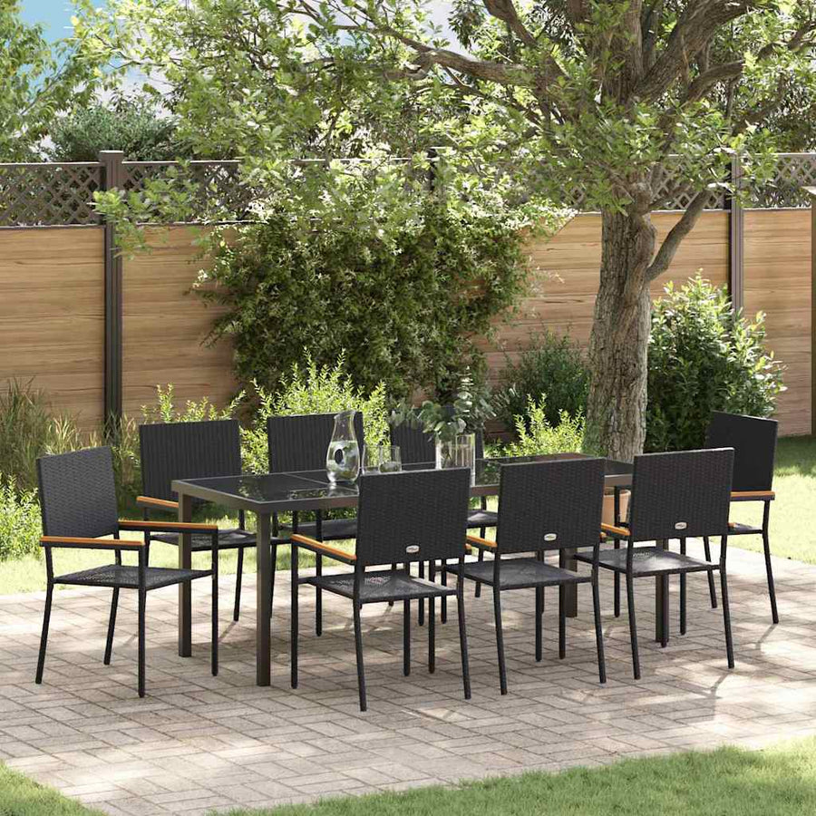 Tuin Eettafelset Met Kussen 9 Pcs Zwart Poly Rattan