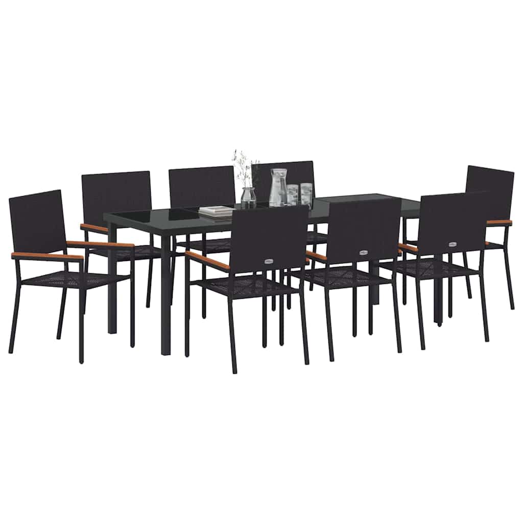 Tuin Eettafelset Met Kussen 9 Pcs Zwart Poly Rattan