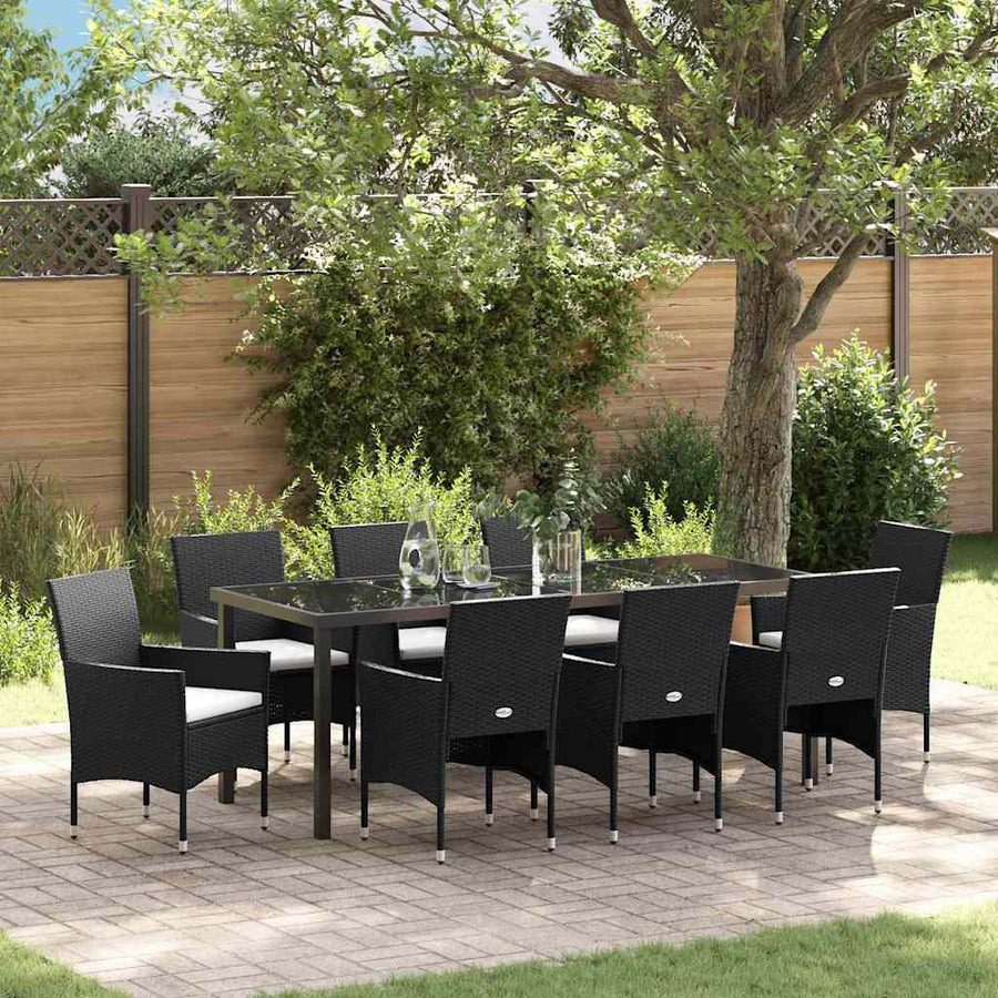 Tuin Eettafelset Met Kussen 9 Pcs Zwart Poly Rattan