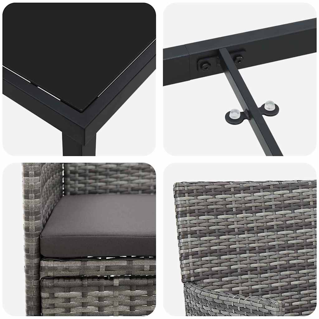 Tuin eettafelset met kussen 3 pcs Grijs poly rattan