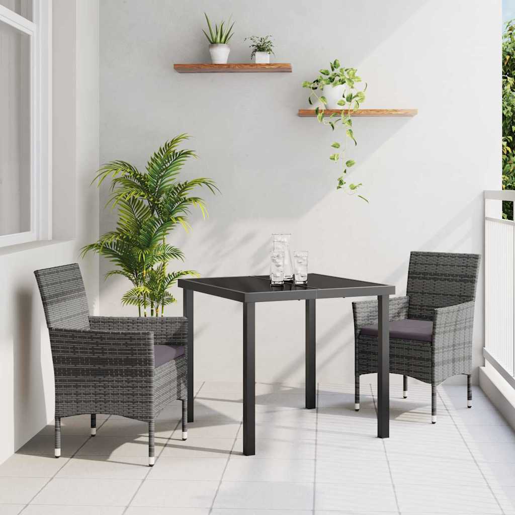 Tuin eettafelset met kussen 3 pcs Grijs poly rattan