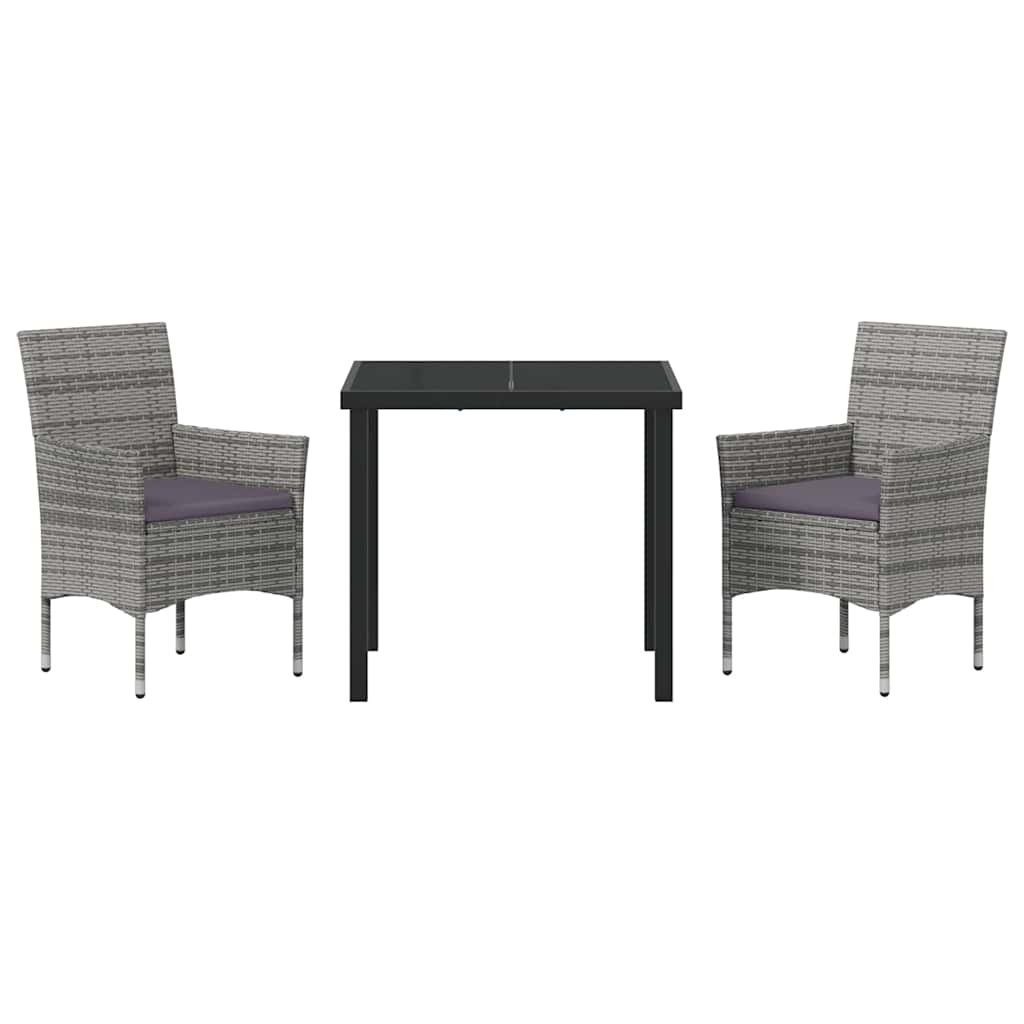 Tuin eettafelset met kussen 3 pcs Grijs poly rattan