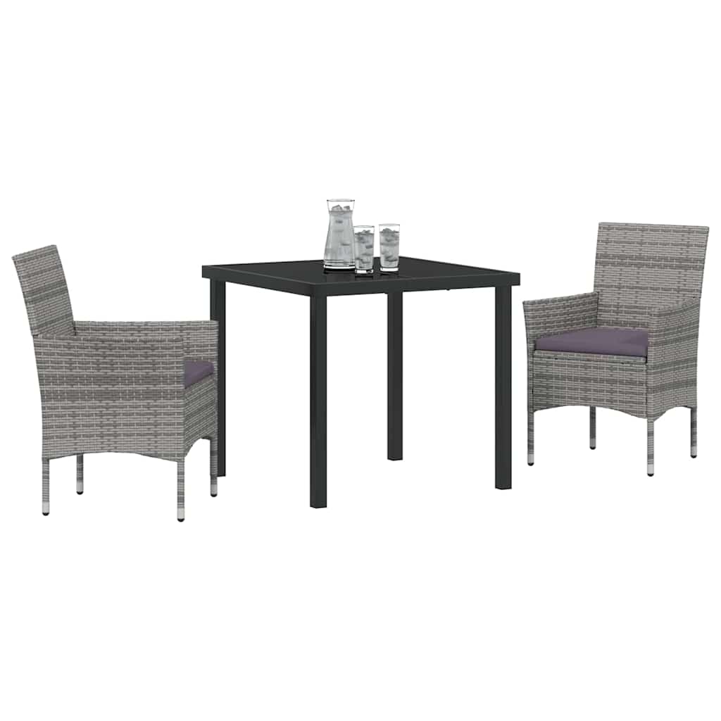 Tuin eettafelset met kussen 3 pcs Grijs poly rattan