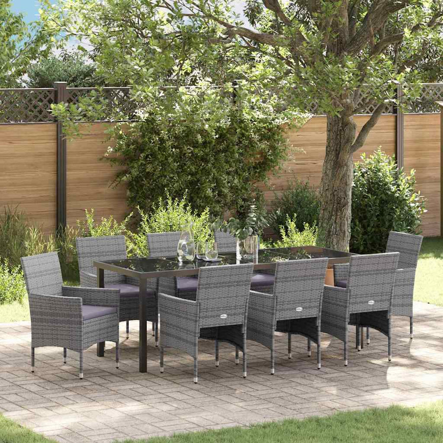 Tuin Eettafelset Met Kussen 9 Pcs Grijs Poly Rattan