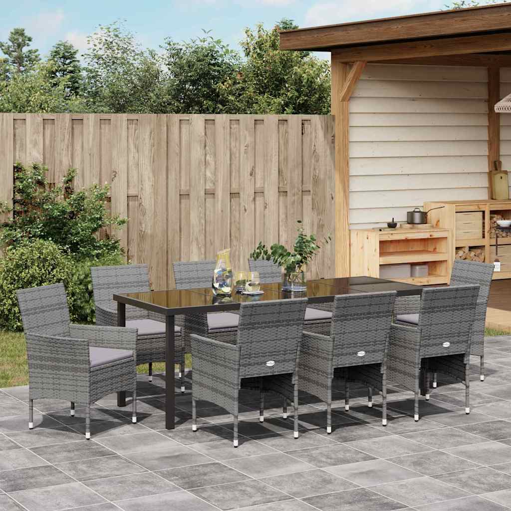 Tuin Eettafelset Met Kussen 9 Pcs Grijs Poly Rattan
