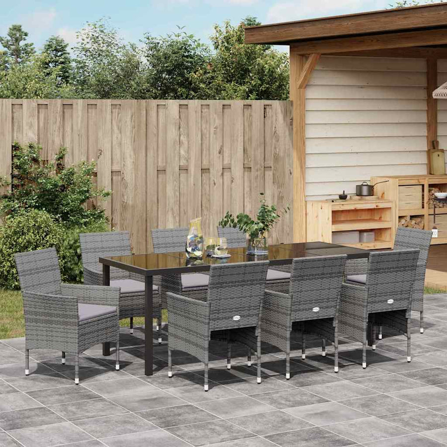 Tuin Eettafelset Met Kussen 9 Pcs Grijs Poly Rattan