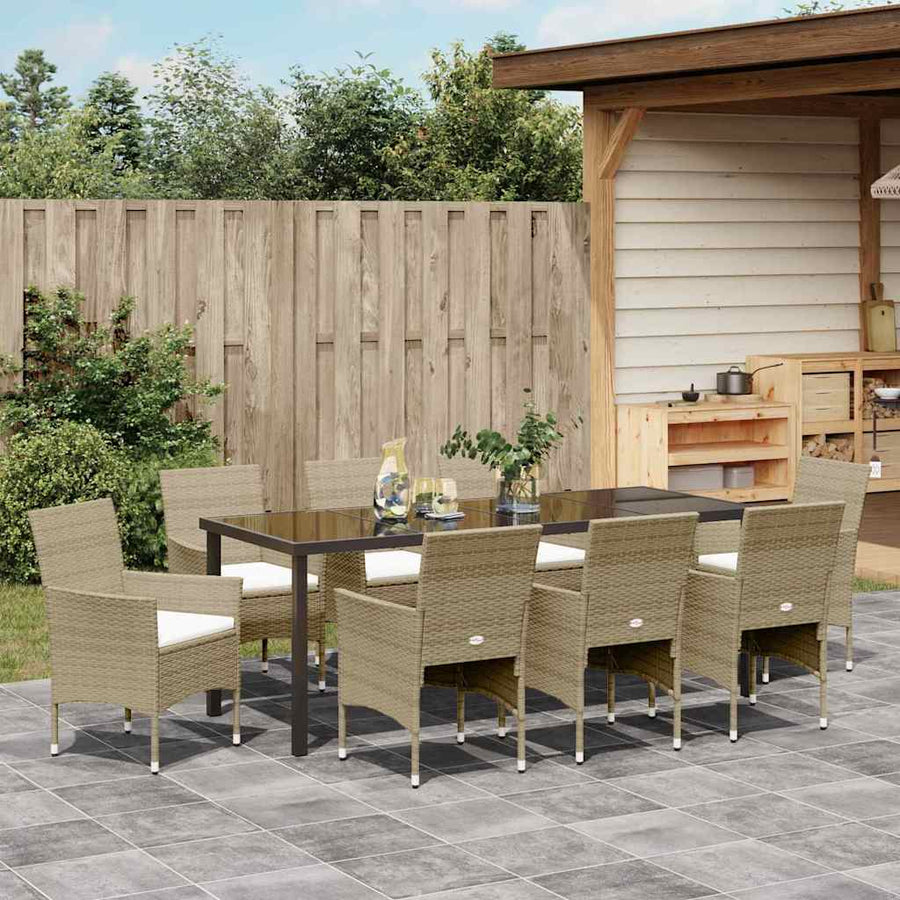 Tuin Eettafelset Met Kussen 9 Pcs Beige Poly Rattan