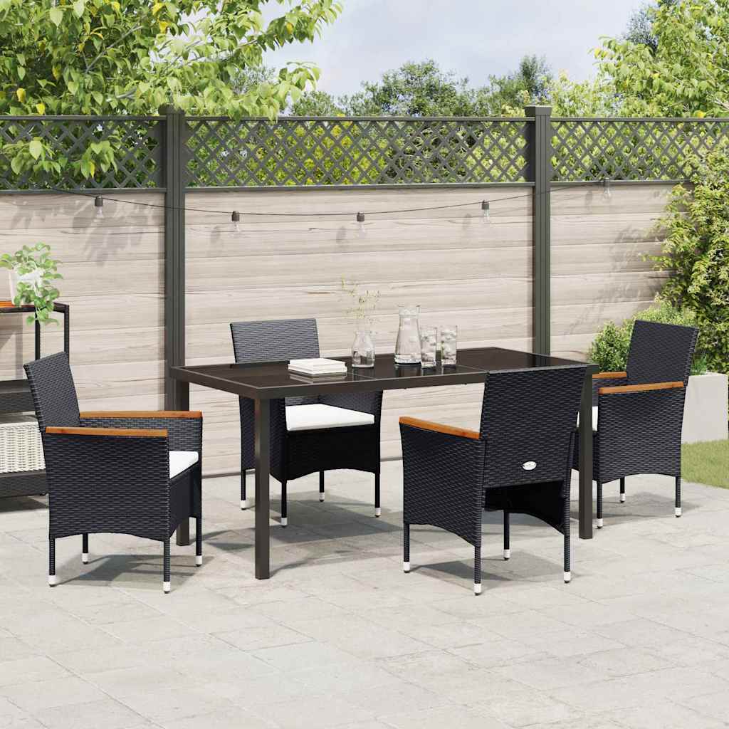 Tuin eettafelset met kussen 5 pcs Zwart poly rattan