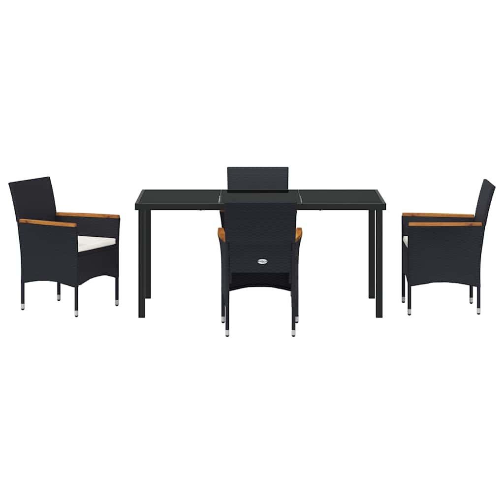 Tuin eettafelset met kussen 5 pcs Zwart poly rattan