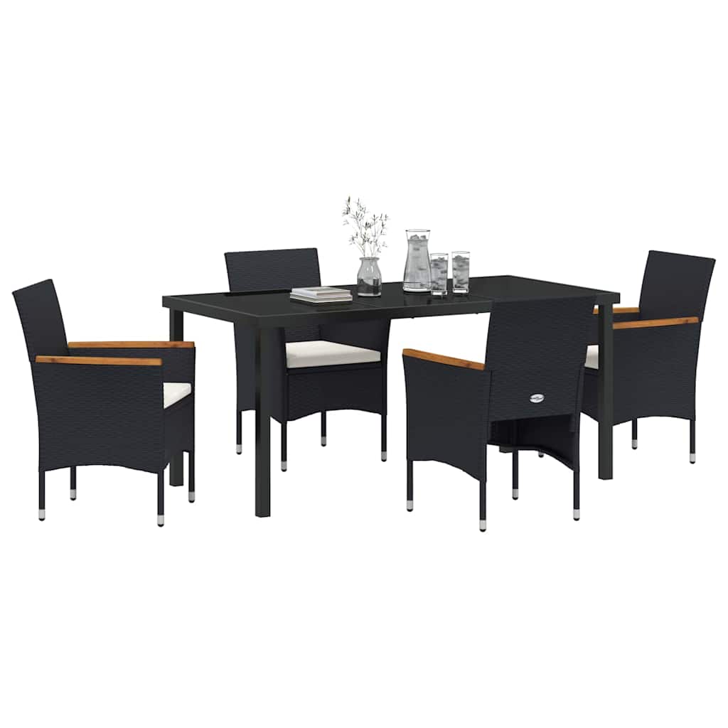 Tuin eettafelset met kussen 5 pcs Zwart poly rattan