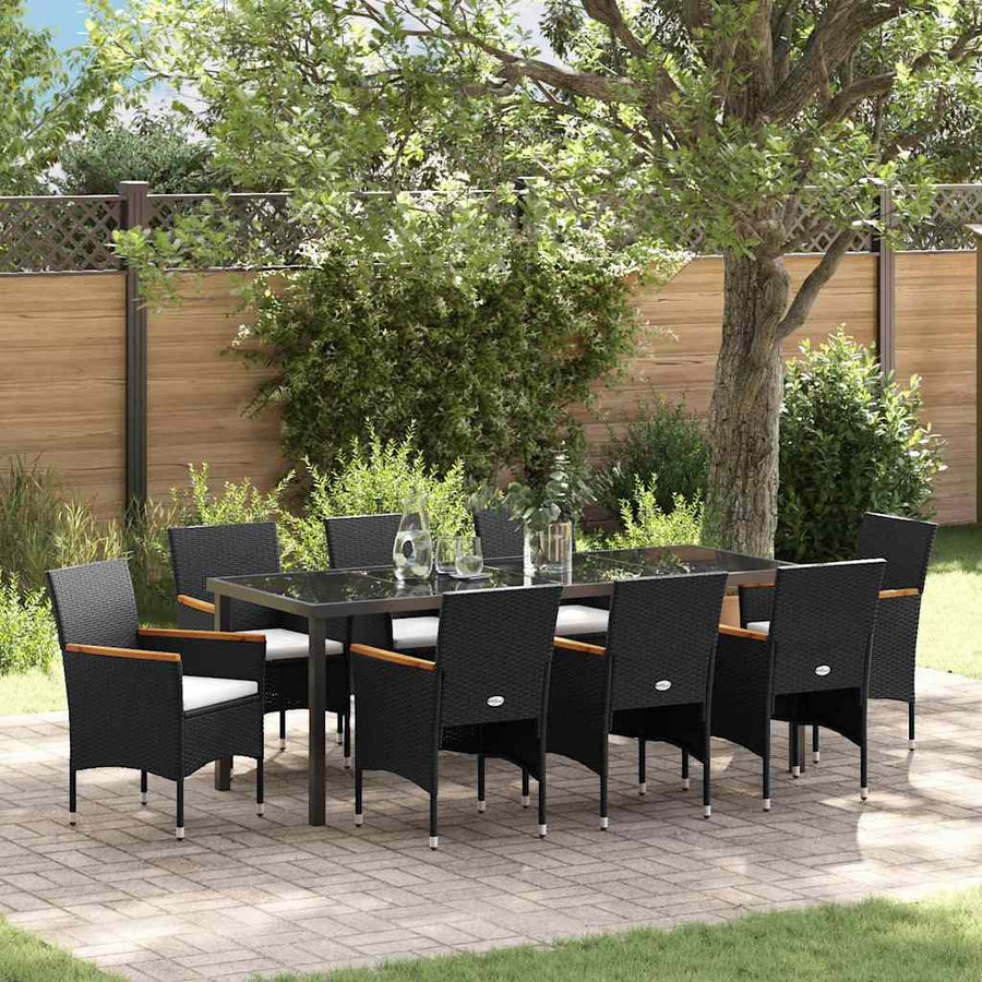 Tuin Eettafelset Met Kussen 9 Pcs Zwart Poly Rattan