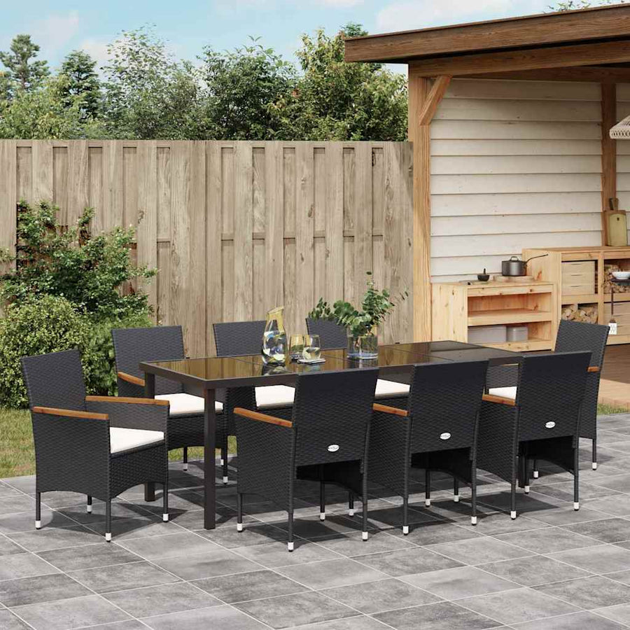 Tuin Eettafelset Met Kussen 9 Pcs Zwart Poly Rattan