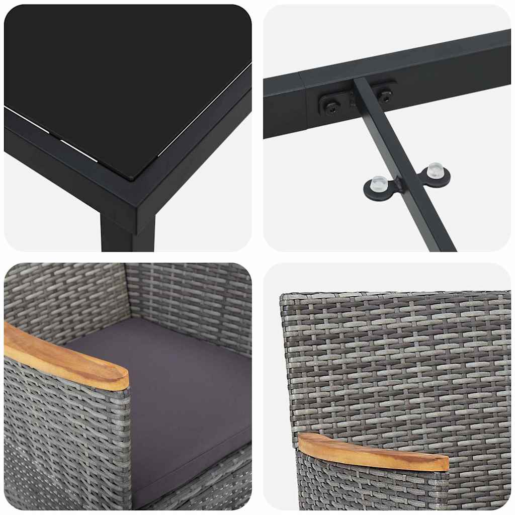 Tuin eettafelset met kussen 3 pcs Grijs poly rattan