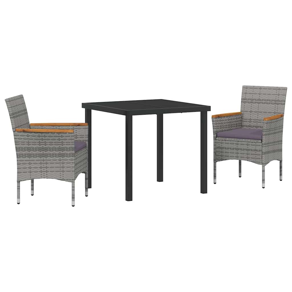 Tuin eettafelset met kussen 3 pcs Grijs poly rattan