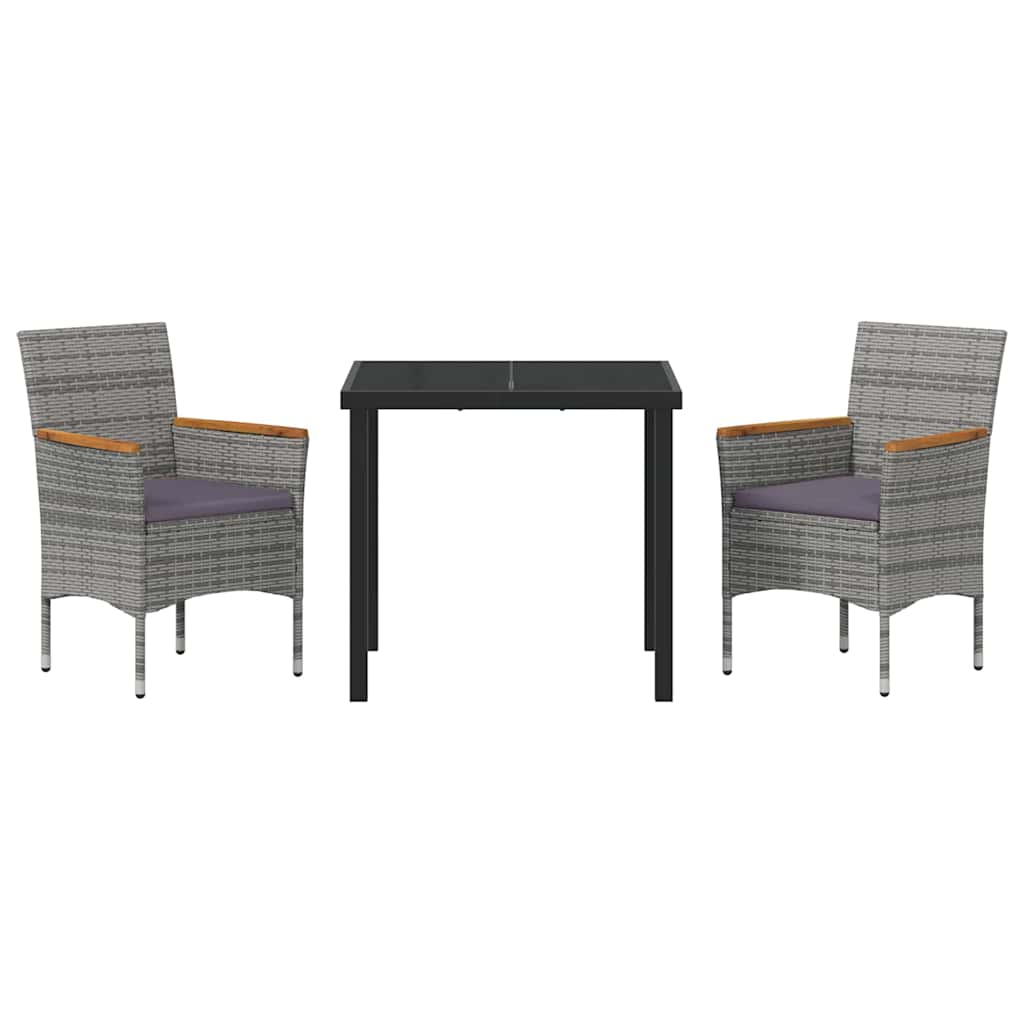 Tuin eettafelset met kussen 3 pcs Grijs poly rattan