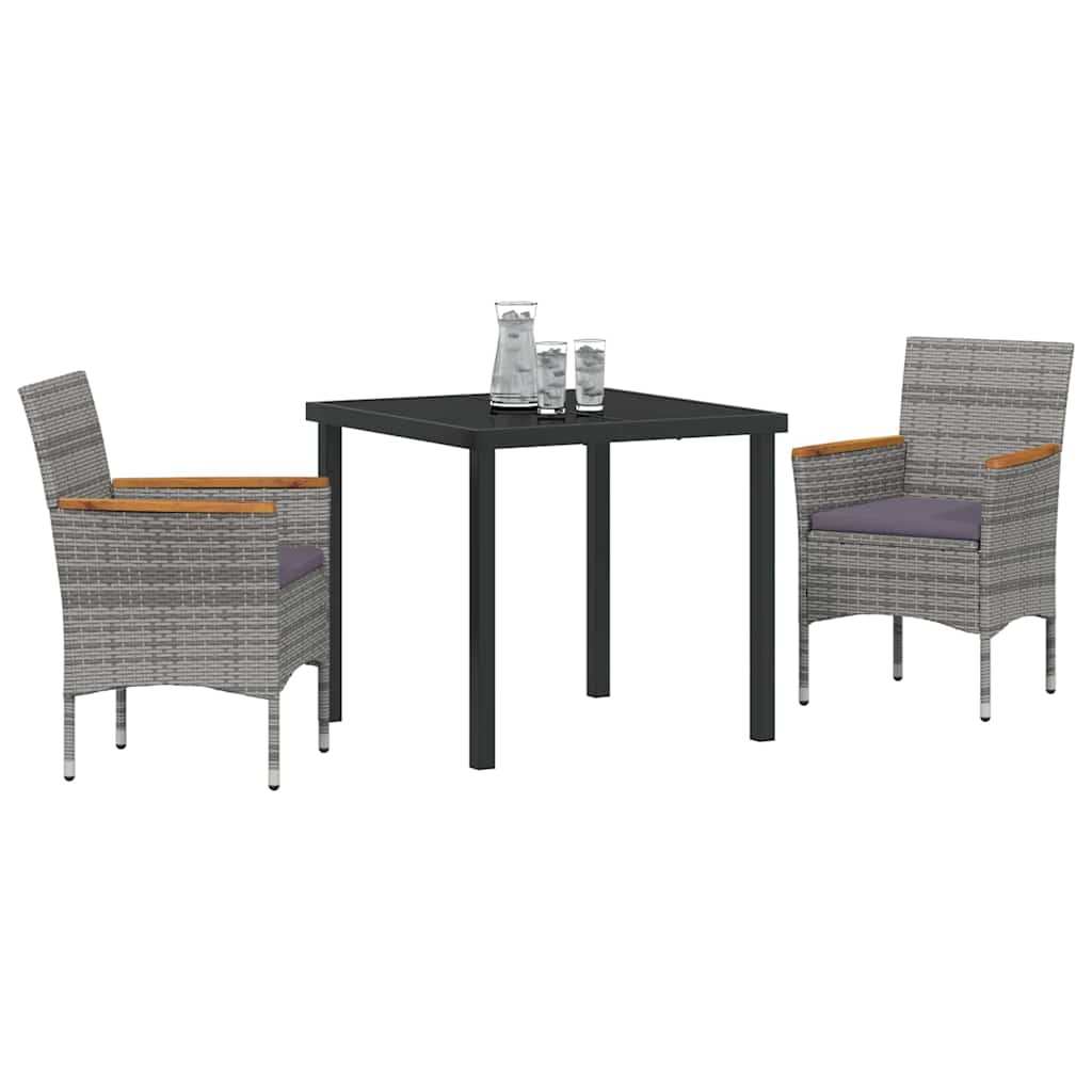 Tuin eettafelset met kussen 3 pcs Grijs poly rattan