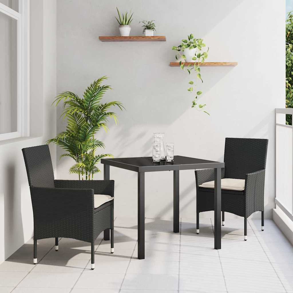 Tuin eettafelset met kussen 3 pcs Zwart poly rattan