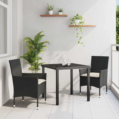 Tuin eettafelset met kussen 3 pcs Zwart poly rattan