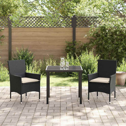 Tuin eettafelset met kussen 3 pcs Zwart poly rattan