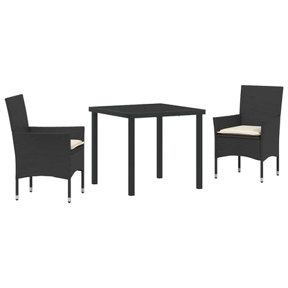Tuin eettafelset met kussen 3 pcs Zwart poly rattan