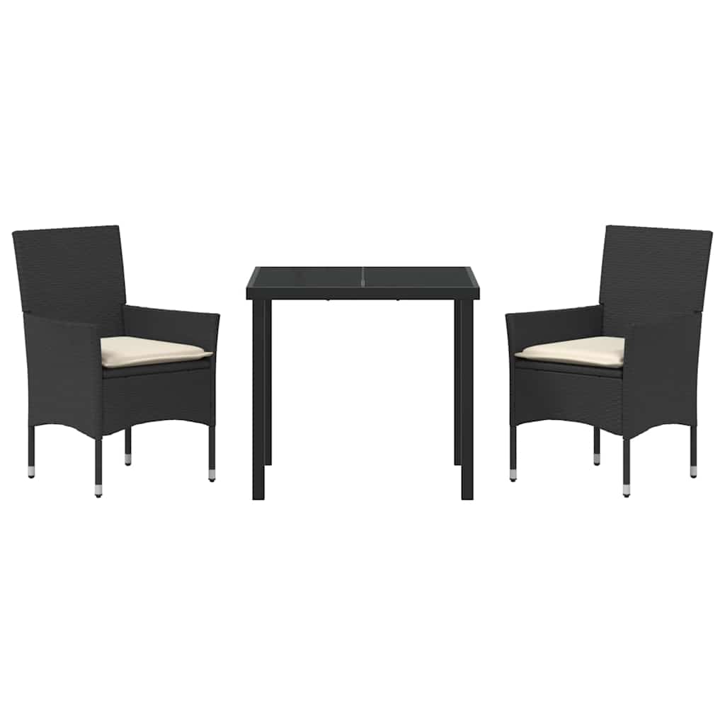 Tuin eettafelset met kussen 3 pcs Zwart poly rattan