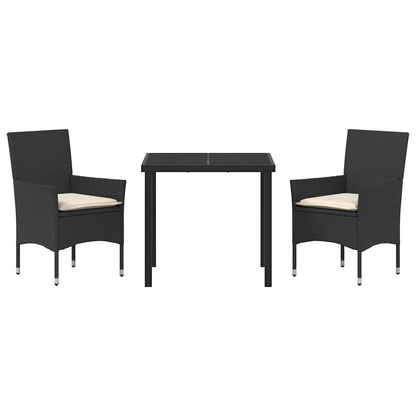 Tuin eettafelset met kussen 3 pcs Zwart poly rattan