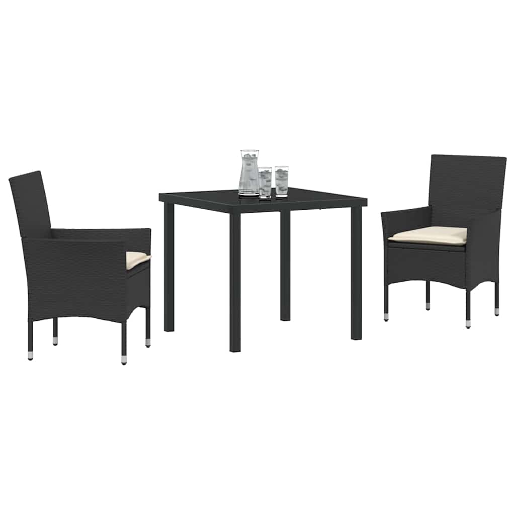 Tuin eettafelset met kussen 3 pcs Zwart poly rattan