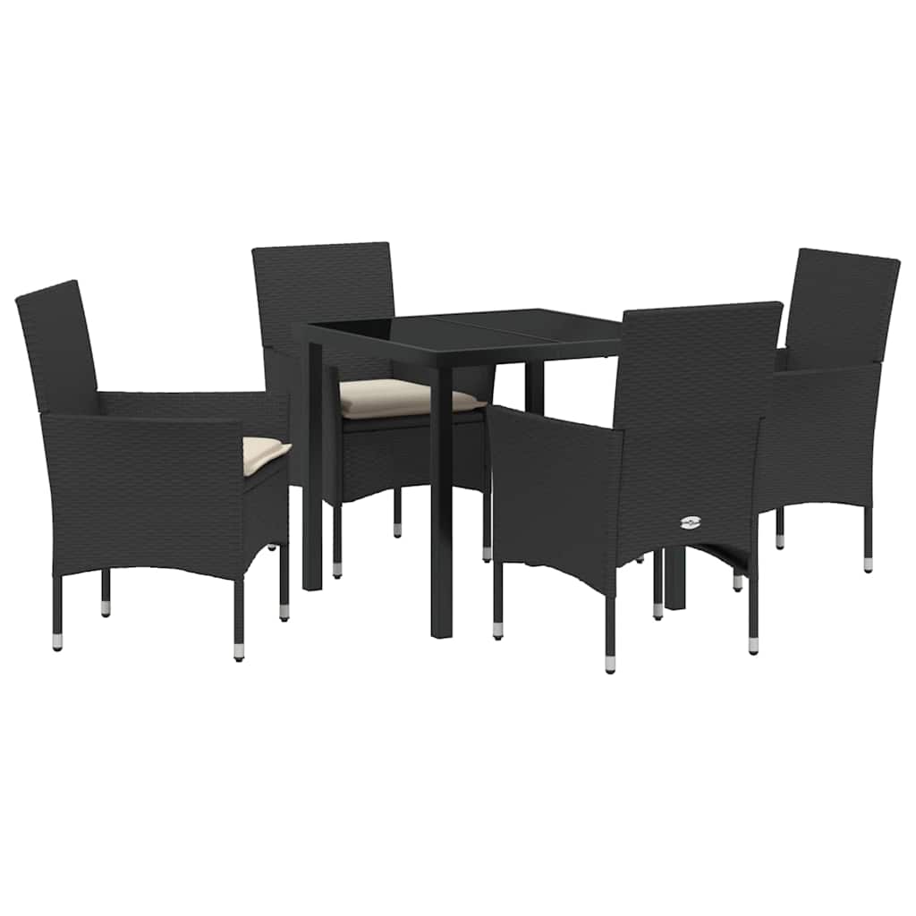 Tuin eettafelset met kussen 5 pcs Zwart poly rattan