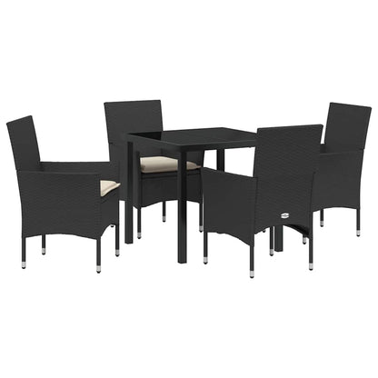 Tuin eettafelset met kussen 5 pcs Zwart poly rattan